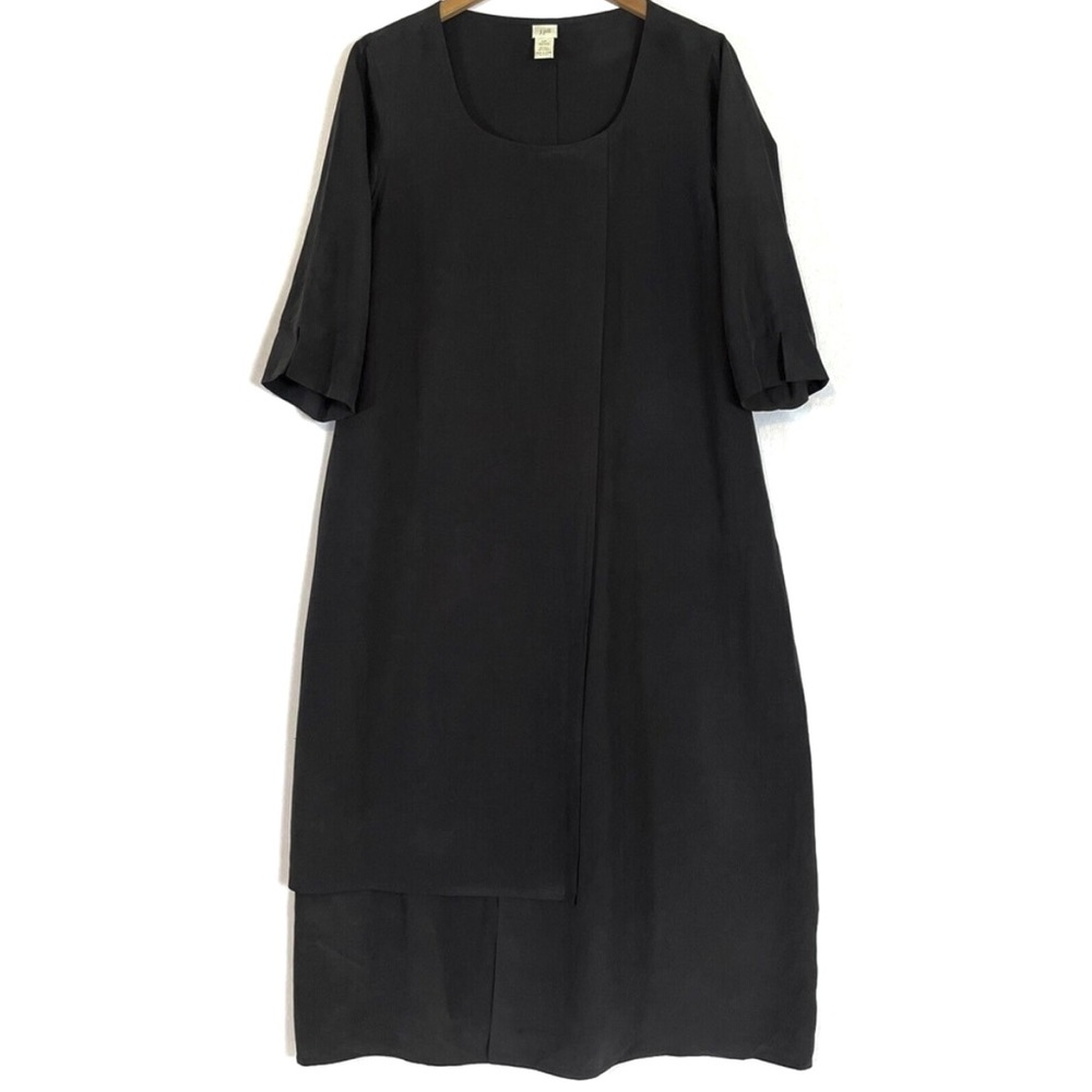 J Jill Silk Linen Maxi Dress L PETITE Layered Panels Short Sleeve Black LP PL